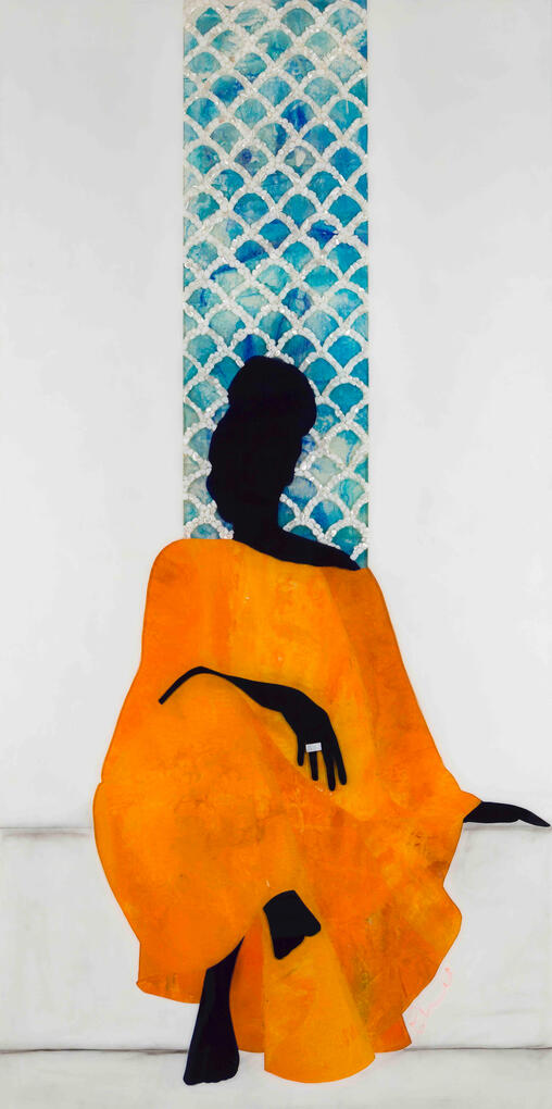 2022. high gloss enamel, acrylic, encaustic rice paper, graphite, Yupo paper, mother of pearl tile, resin, 84 x 42 in